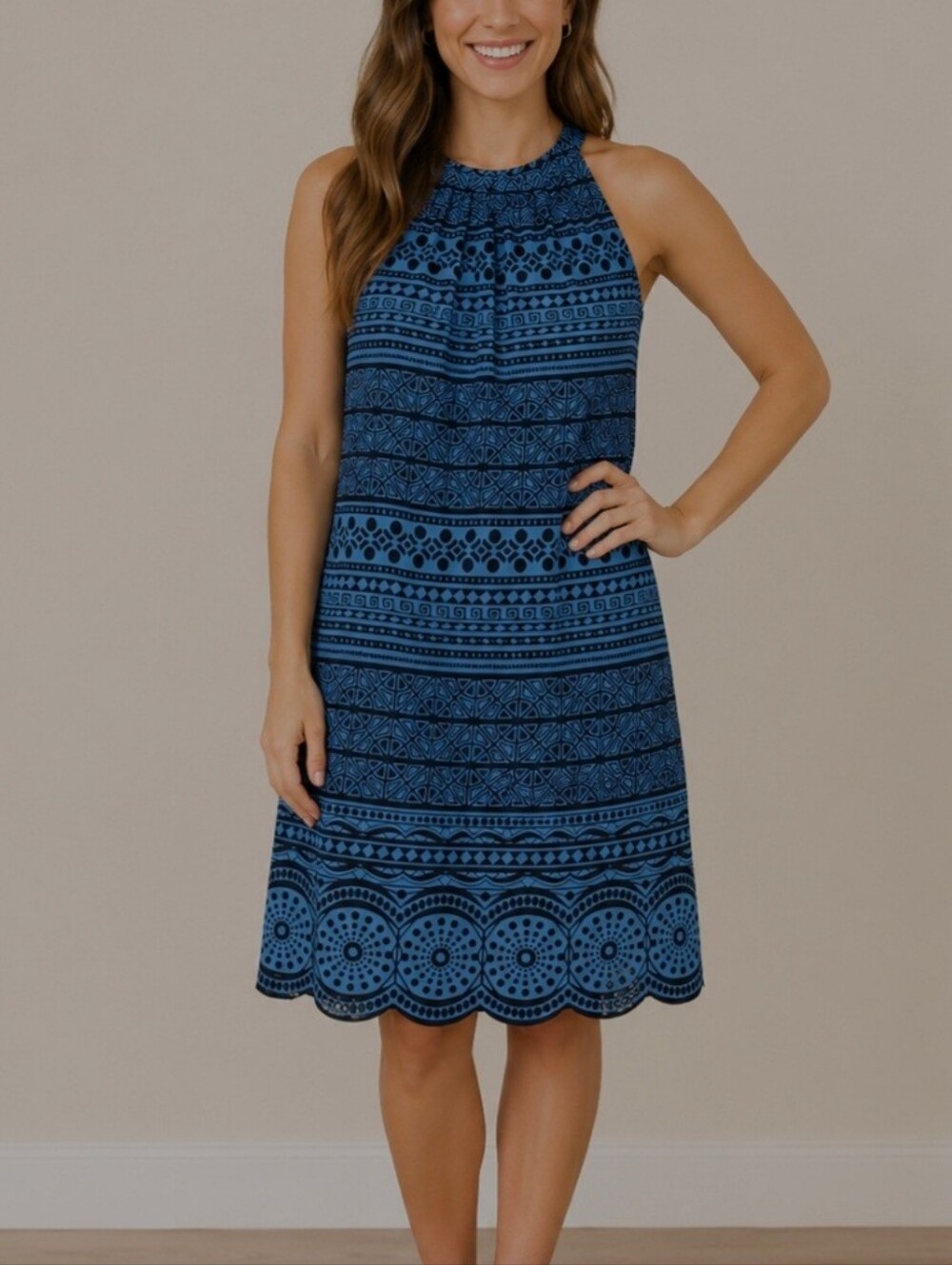 LOFT Blue and Black Midi Dress with Geometric Print And Scallopped Edge Skirt